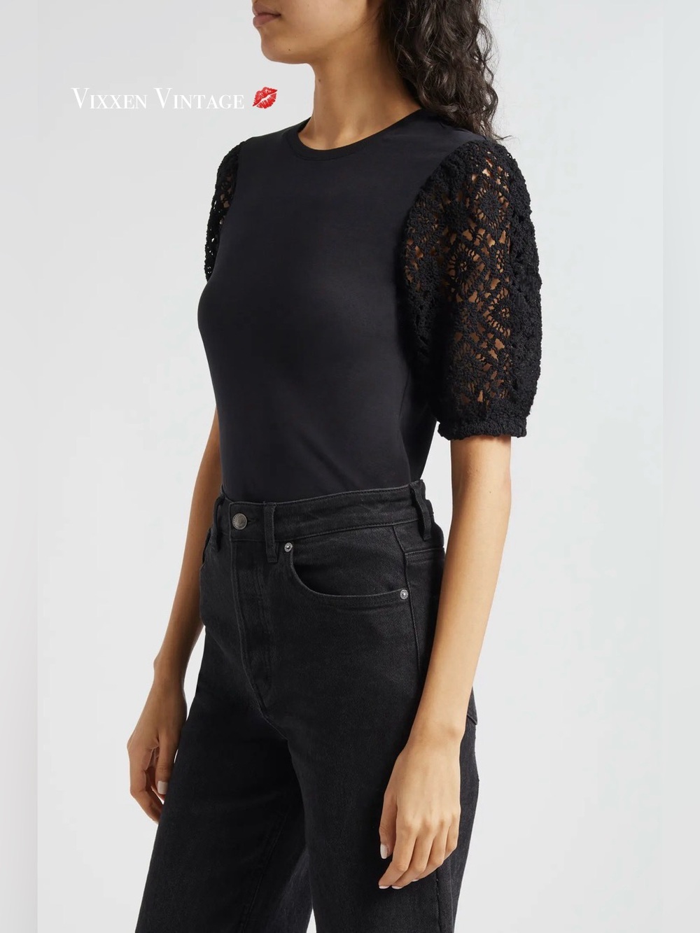 CINQ A SEPT 'CORIANNA LACE SLEEVE TOP' IN BLACK